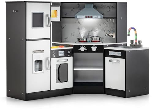 DREAMADE Kinderküche aus Holz mit 16 TLG. Spielzubehör, Kinder Küche Eckküche mit Tafel Herd Spüle Backofen, Spielküche mit Licht und Sound für Kinder Mädchen ab 3 Jahren(Braun)