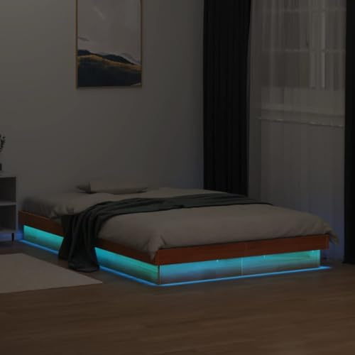 vidaXL Estructura de Cama LED, Somier Base de Listones, Armazón de Cama, Mueble para Dormitorio, Madera Maciza de Pino Marrón Cera 140x190 cm