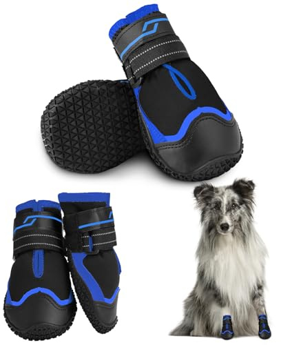 NeuWook Hundeschuhe Pfotenschutz, 4 Stück Leder atmungsaktiv Hundeschuhe mit Rutschfester Sohle und reflektierendem Klettverschluss, Hundestiefel Pfotenschutz für Kleine Mittelgroße Hunde, XXL