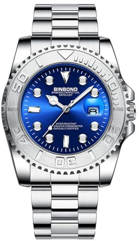 JewelryWe Men Luminous Analog Watch: 3 ATM Waterproof Stainless Steel Quartz Chronograph Movement Date Calendar Dial Rotatable Bezel Wrist Watch