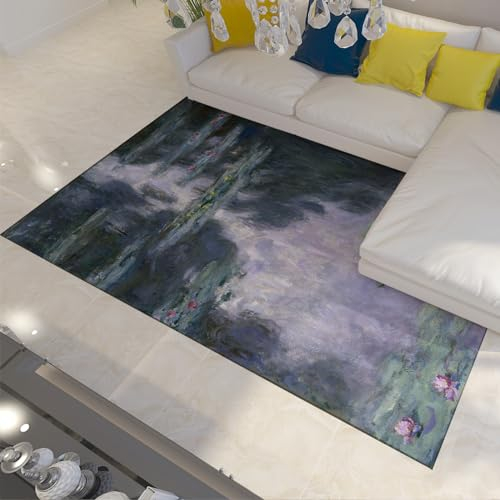 Claude Monet Teppich Seerosen Bereich Teppiche für Wohnzimmer Eingangsbereich Berühmte Gemälde Gemustert Maschinenwaschbar Rutschfester Innenteppich 120x170cm