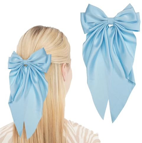 Blue Hair Clip - Solid Color Bow Hair Clip with Long Ribbon, Soft Satin Silky Hair Bows - Cute Gifts for Women & Girls
