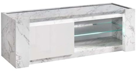 AltoBuy PRAVA - Meuble TV 1 Porte 150cm Laqué Blanc et Effet Marbre avec LEDs