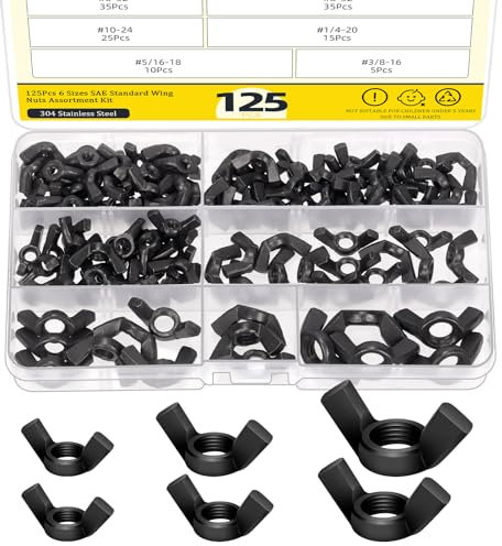 Mardatt 125 Stück SAE Flügelmuttern Sortiment Set, 6 Größen Carbon Stahl Butterfly Flügelmuttern Schwarz Flügelmuttern Befestigungselemente 3/8”-16, 5/16”-18, 1/4”-20, #10-24, #8-32, #6-32