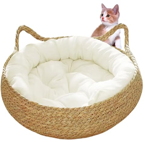 Obelunrp Panier pour chat, 43,2 cm, nid pour chat en paille tissée avec coussin doux, lit rond résistant aux rayures pour chats d'intérieur
