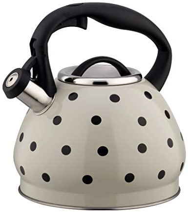 CAFIEDR Bouilloire à sifflet hémisphérique en Acier Inoxydable 3L, Pot à Fond Plat Non magnétique, Motif de Points Noirs, théière à sifflet