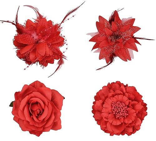 Haarspange, 4 Blumen-Haarspangen für Damen und Mädchen, elegante Blumenbrosche, Flamenco-Blumen, Haar-Zubehör für Hochzeit, Party, Urlaub, Rot