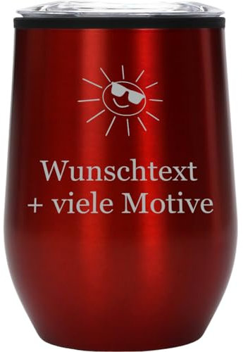 Trinkbecher mit Deckel rot, 350 ml mit Gravur und Motiv - personalisierter Becher für kalte und heiße Getränke, doppelwandig, Außen Edelstahl, Innen PP, individuelles Geschenk