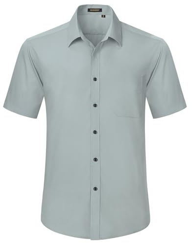 HISDERN Herrskjorta, fritidsskjorta, kortärmad, affärsskjorta, herrskjortor, normal passform, strykfri herrskjorta med bröstficka, LJUSGRÅ, 3XL