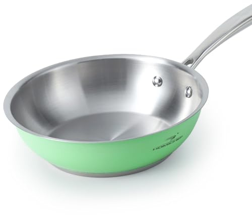 HOMICHEF 24 CM Mint Green Nickel Free Stainless Steel Fry Pan - Non Toxic No Coating Flat Bottom Induction Skillet - Family Size Healthy Cooking Pan