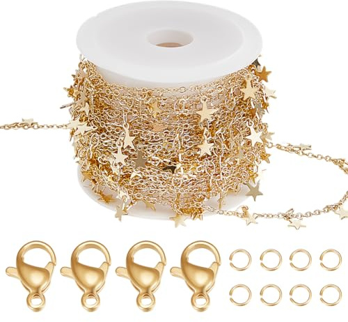 Beebeecraft 16.4 Feet/5M Real 18K Gold Plated Brass Star Chain Bulk Metal Long Pull Extension Connectors Stars Charm Chains with Spool Lobster Clasps Jump Rings for Jewelry Making Necklace DIY Crafts