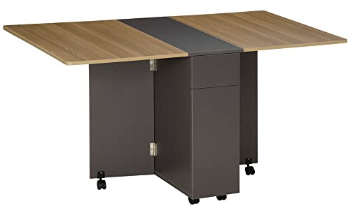 HOMCOM Tavolo da Pranzo Pieghevole per 6 Persone, Grigio e Naturale | Tavolo Cucina a Ribalta, Ruote a Freno, Scrivania Richiudibile, 2 Cassetti, 2 Ante e Armadietto, per Soggiorno, 140x76x74A cm