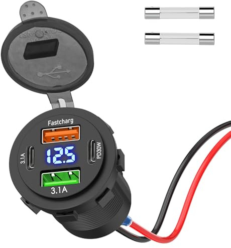 (4 Anschluss) 12V USB C PD Steckdose Auto: KFZ Buchse Einbau Typ C Dose 12 Volt DC Adapter Wasserdicht Stecker mit Voltmeter Schalter Panel für lPhone Wohnmobil LKW Wohnwagen Motorrad Boot 12 V