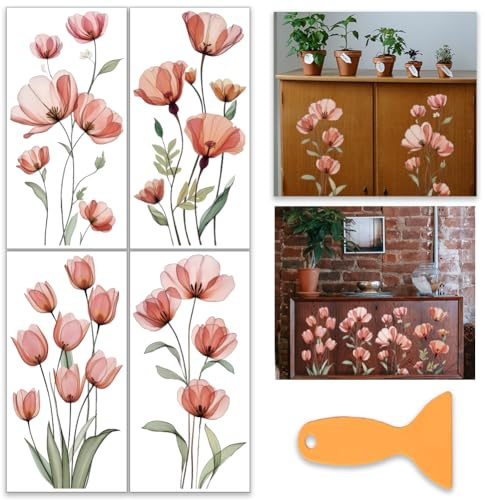 OLYCRAFT 4 Stück/Set Tulpen Transferfolien Zum Aufreiben Für Möbel Und Bastelarbeiten 15x30cm Große Aquarellblumen Möbelaufkleber Transferaufkleber Zum Aufreiben Mit 1 Teiligem Schaber