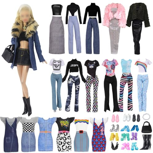 18-teiliges Barbie kompatibles Puppenkleidungsset, einschließlich elegantem Denim-Pelzkragen, Plüschmantel-Set, Sportset, 5 Schuhe und 2 Puppenzubehör