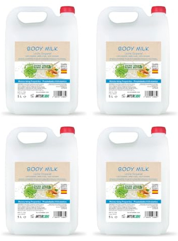 Intercabo Body Milk mit Aloe Vera & Mandelmilch - 4er-Pack à 5 L - pH-neutrale Feuchtigkeitslotion für tägliche Körperpflege, pflegt & spendet langanhaltende Feuchtigkeit, Nachfüllkanister für Spender