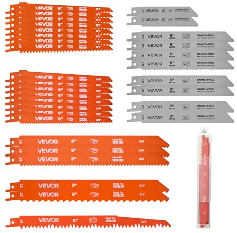 VEVOR Reciprocating Saw Blades, 32-Piece, Various Sizes Bi-Metal Reciprocating Saw Blade Set with Universal Shank, for Metal and Wood Cutting, Sharp Teeth for Fast and Smooth Cuts, Orange and Gray