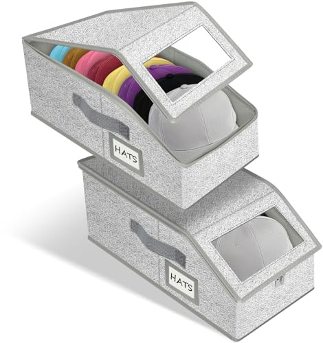 HOTOOLME 2 Pack Stackable Hat Storage Box,Foldable Baseball Cap Storage Organizer with Lid for Men Women with Cardboard,Dust-Proof Zipper Hats Box with Clear Window for Bedroom,Wardrobe,Closet