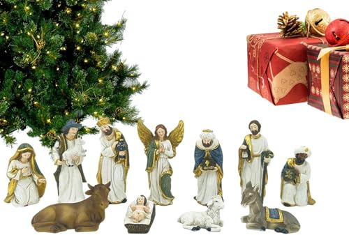 Holiday Nativity Scene - Resin Christmas Figurine Collection, 11 Piece Religious Decor Set | Catholic Christian Nativity Scene Sculptures Decorations Ornament, Jesus Birth Display with Mary, Joseph, S