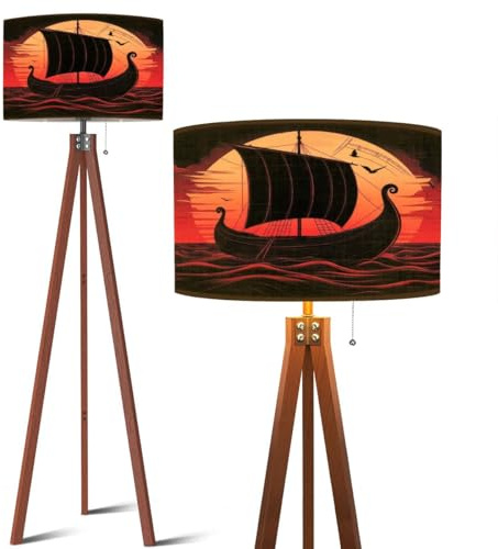 Wood Tripod Floor Lamp Sailboat Vintage Viking Boat Nautical Rustic Home Decor Ship Sailing Modern Standing Lamp Linen Lampshade Dimmable Tall Lamp Mid Century Floor Lamp for Living Room Bedroom