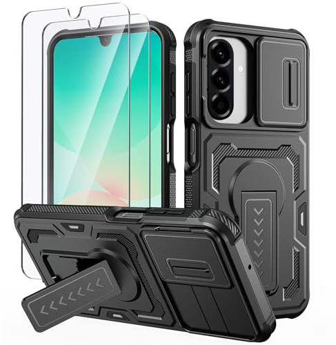 Lanhiem Funda para Samsung Galaxy A16/A17 5G/A26 5G, con 2 Cristal Vidrio Templado, Carcasa Cubierta De Cámara Deslizante con Soporte, Grado Militar Antigolpes Case para Samsung A16/A17/A26, Negro