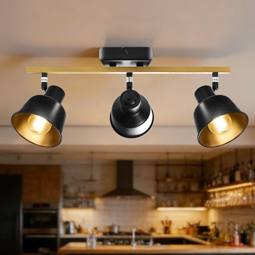 Aulaiyi Deckenstrahler 3 Flammig, Schwenkbar 350°, Vintage Deckenlampe LED Deckenleuchte, E14 Fassung Industrial Holzmaserung light für Küche, Wohnzimmer, Schlafzimmer, Schwarz (Ohne Leuchtmittel)
