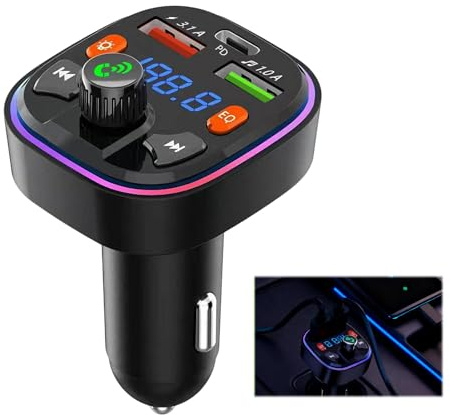 Car Bluetooth Transmitter, 5.0 FM Bluetooth Car Adapter, PD 20W & Type-C QC 3.0 Bass & Hi-Fi Stereo Fast Charging, with 2 Usb Ports 2 Type C Port Hand-Free Calling Music Player