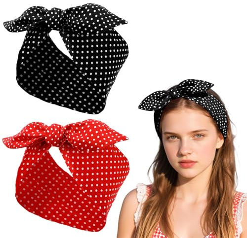 2 Stück Polka Rundes Haarband mit Metalldraht, Rockabilly Haarband Rot, Polka Dots Haarbands, Bandana Im Retro-Stil Der 50er Jahre (Rot, Schwarz)