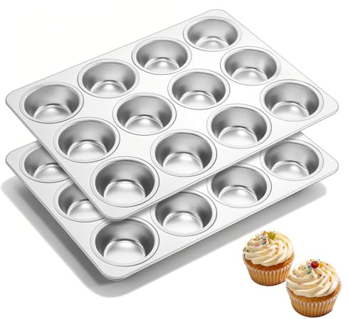 Onader Muffin Tin Set of 2, Stainless Steel 12 Cup Yorkshire Pudding Tray | 12-Hole Cupcake Baking Tray for Muffin, Mince Pie, Brownie, Quiche, Non-Toxic & Heavy Duty, Oven & Dishwasher Safe