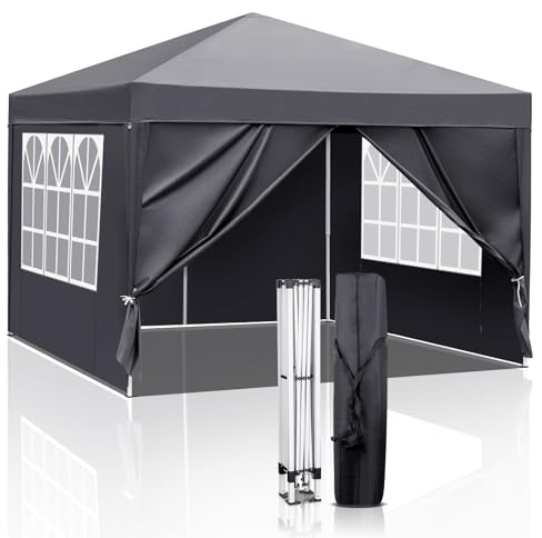 LEADZM Gazebo 3x3m Pieghevole con 4 Pareti Laterali, Tenda da Giardino Regolabile in Altezza Impermeabile UV 50+ Antivento con Borsa da Trasporto (Antracite, 3x3m-4)
