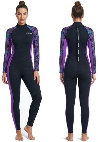 Owntop Dam våtdräkt 3/2 mm neopren helkroppsdräkt, blixtlås bak, långärmad våtdräkt för dykning, surfing, snorkling, termisk för kallt vatten med UV-skydd, lila blad M
