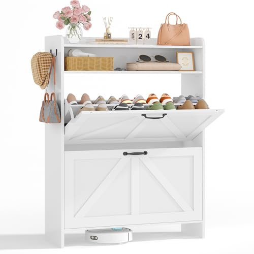 Kotascoy Zapatero Recibidor 24cm, Mueble Zapatero con 2 Cajones y Estantes Ajustables, para 16-20 Pares de Zapatos,Zapatero Estrecho Ideal para Entrada, Salón, Pasillo,24 x 76 x 112 cm, Blanco