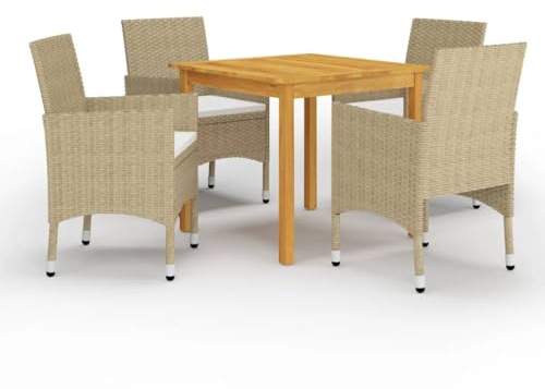 HETFTJN 5-TLG. Garten-Essgruppe Beige aus massiver Akazie wetterfest 85 x 85 cm Esstisch mit 4 gepolsterten Bistro-Stühlen aus PE-Rattan Modernes Design & Ergonomie für kleinen Balkon Terrasse Garten