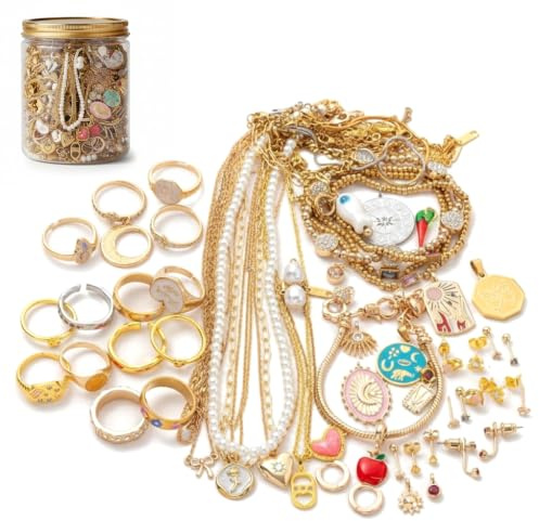 Faticenic 20 Stück Schmuckdose Vintage, Goldschmuck-Sortiment Ohrringe, Halsketten, Ringe, Haarspangen für Frauen, Gold, Glas Vintage