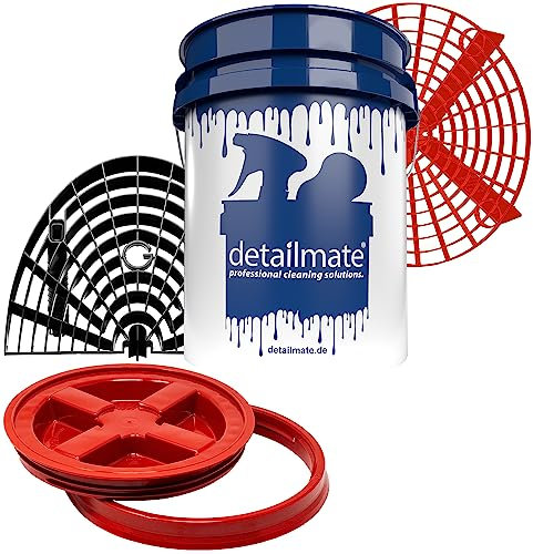 Detailmate Professional Car Cleaning Set Grit Guard Wash Bucket 5 Gal (20 Litres)/Gamma Seal Bin Lid/Tray/Wash Board, Einsatz Rot + Waschboard, Deckel rot