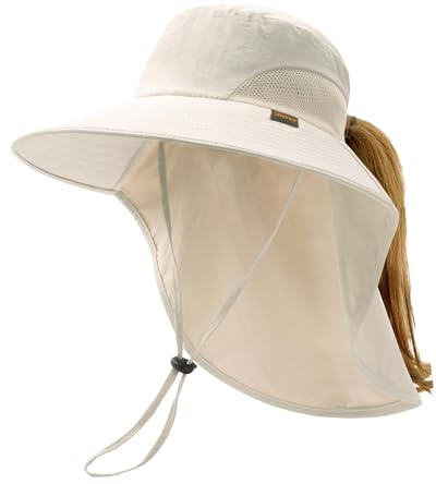 Camptrace Sonnenhut für Damen und Herren, UV-Schutz, breite Krempe, mit Nackenklappe, Farbe: Beige, Einheitsgröße