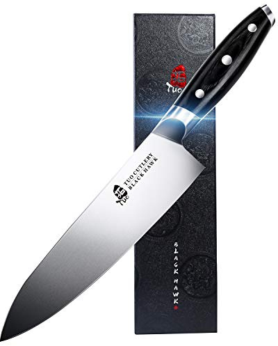 TUO Couteaux de Chef Couteau de Cuisine Professionnel 20cm Couteau à Viande Acier Inoxydable Allemand avec Poignée Ernogomique-Black Hawk Series