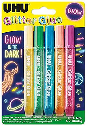 UHU Glitter Glue Glow in the Dark-Pegamento decorativo con purpurina brillante para crear miles de decoraciones- Pack 5x10 ml.
