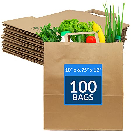 Reli. Kraft Paper Bags w/Handles (100 Pcs, Bulk) (Large 10x6.75x12) Brown Paper To Go/Take Out/Restaurant/Bags with Handles, Shopping Bags, Retail, Gifts | 25% larger than 10x5x13