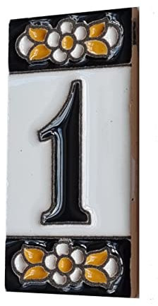 Numéros de maison en céramique avec motifs floraux espagnols Orange et noir 7,5 x 3,5 cm et cadres en filigrane en métal (numéro 1)
