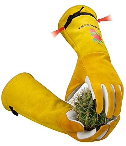 FEISHDEK Gartenhandschuhe Damen, Rosenhandschuhe Dornenfest mit Touchscreen und Stichfeste, Lang Leder Arbeitshandschuhe mit Rundumschutz vor Dornen für Gartenarbeiten