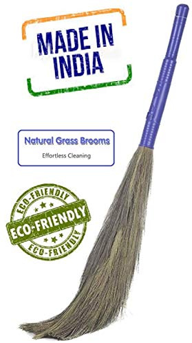 Soft Grass Broom Stick Plastic Handle for All Floor Cleaning | King Size | for Home | Eco-Friendly (Phool Jhadu, Mop) Set 1