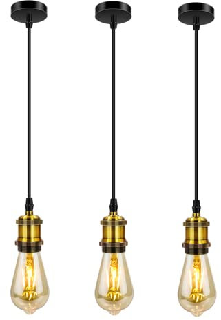 Biqing 3pièces Industriel Suspension en métal, Luminaire Rétro Suspendue Douille de lampe E27 avec Réglable câble Éclairage de Plafond pour Restaurant Salon Chambre Cuisine Bar Couloir(No Bulbs)