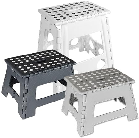 Deco4Me Tritthocker klappbar 22 cm hoch, belastbar bis 150 kg, 1 Stufe, rutschfest - Faltbarer Klapphocker für Badezimmer, Kinder, Küche - Hellgrau
