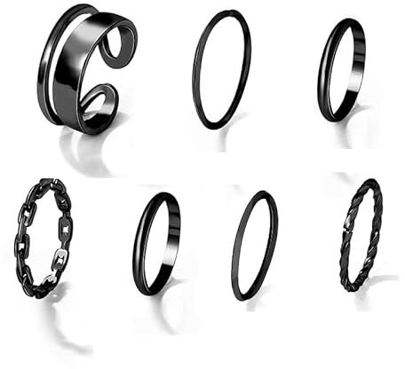 Luvadeyo 7PCS Verstellbare Band Fingerringe Set Niedliches Minimalistischer Schwarzes Silber Welle Stapelbare Offene Ringe Set für Damen - Schwarz