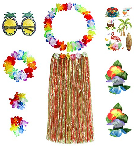 VIKSAUN 9 Stück Hawaii Party Kostüm Set, Gras Röcke Hawaiian Hula Tropical Dance Rock, Blume Armbänder Stirnband Halskette, Ananas Sonnenbrille,Beachparty Deko, Tropische Kostümparty Kostüm.
