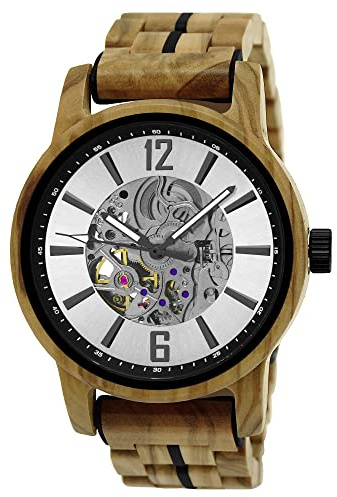 Holzwerk Germany Orologio automatico fatto a mano da uomo ecologico in legno naturale orologio da polso in legno marrone nero bianco argento analogico, Marrone/Argento, Bracciale