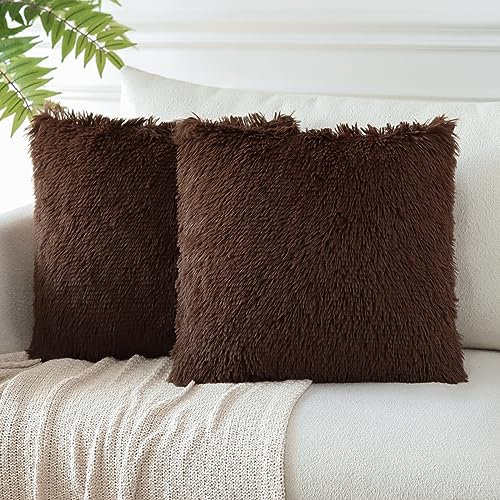 JOTOM Set of 2 Faux Fur Soft Solid Cushion Covers 45x45 cm Decorative Throw Pillow Covers Square Fluffy Cushion Case Home Decor Pillow Cases for Couch Sofa Living Room Bed 18x18 Inch (Chocolate)