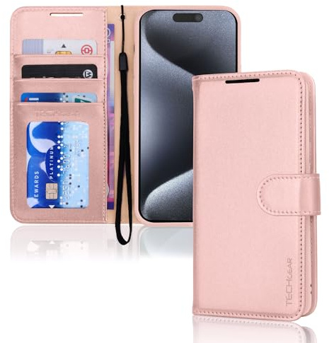 TECHGEAR iPhone 15 Pro Leather Wallet Case, Flip Protective Case Cover with Wallet Card Holder, Stand and Wrist Strap - Pink PU Leather with Magnetic Closure Designed for iPhone 15 Pro 6.1