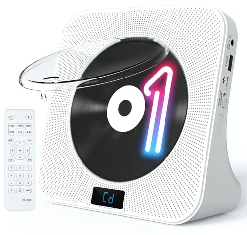 Desktop CD Player Portable with Bluetooth - Jimwey CD Players for Home with HiFi Speakers, FM Radio, Remote Control, LED Screen Display, Support CD/Bluetooth/USB/AUX, White CD Player for Gift
